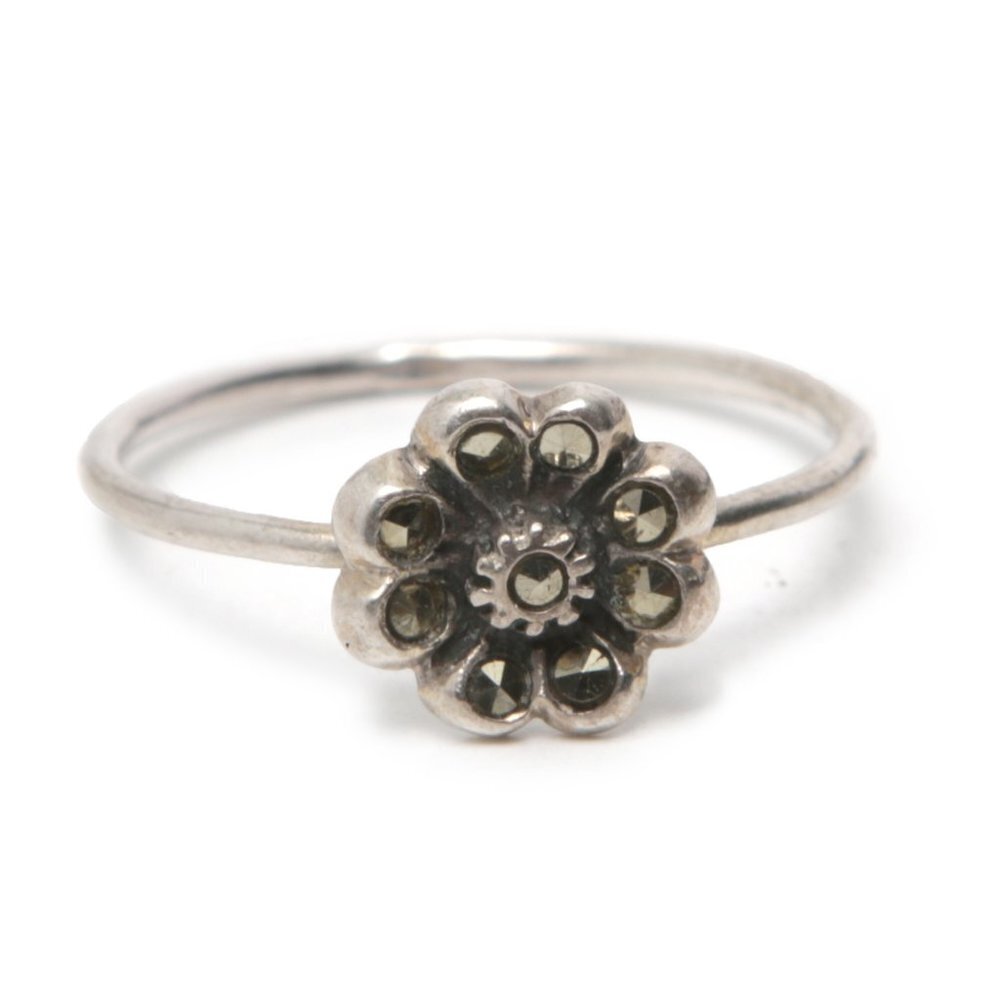 Vintage Silver Flower Ring Marcasite Metallic Stone Sterling Delicate Girly